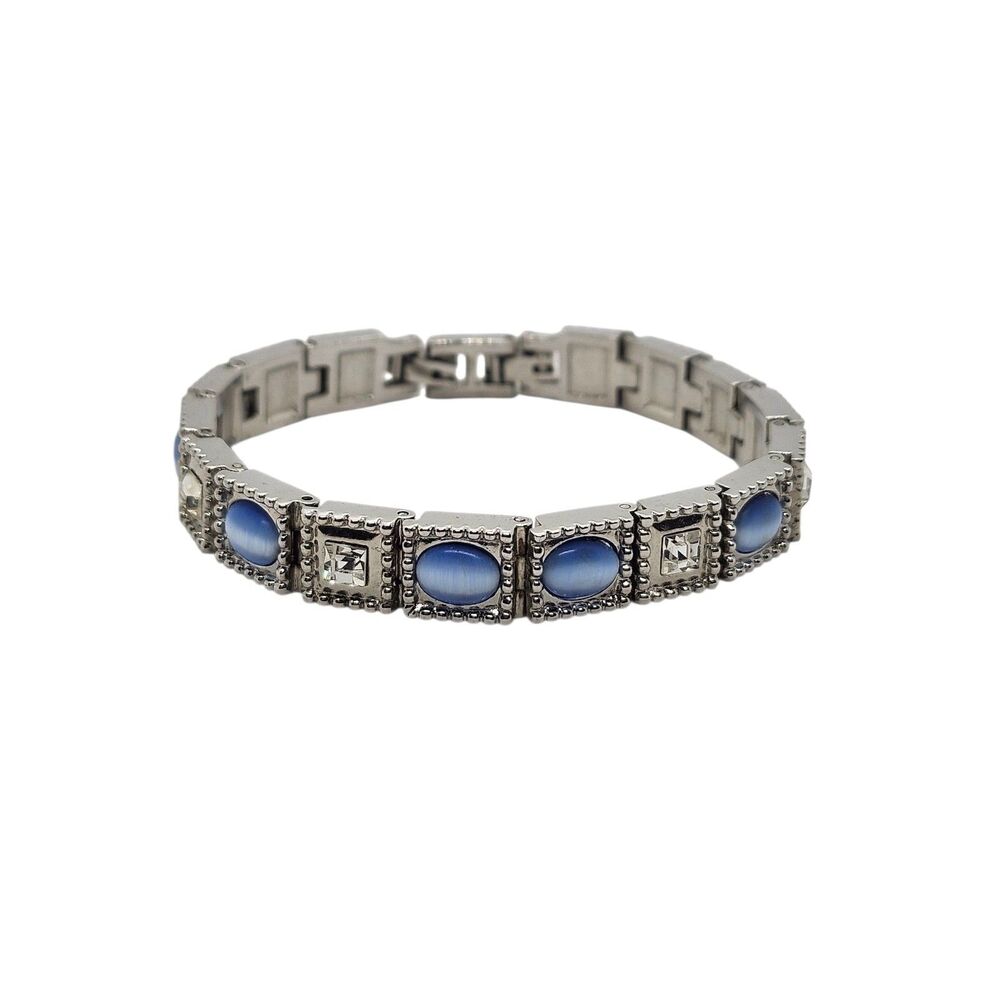 Art Deco Silver Tone Rhinestones & Blue Cats Eye Beads Square Link Bracelet 7.25